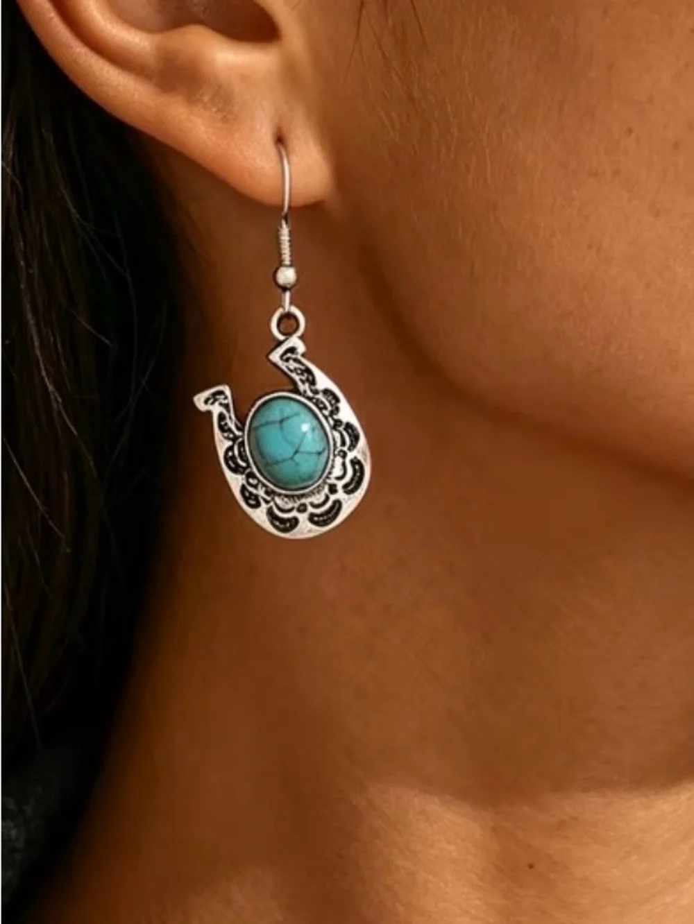 Western Earrings Turquoise Stone Silver-Tone Horseshoe Drop Earrings